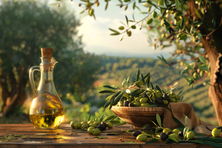 Fotografie Poster Olivenöl Flasche golden warm