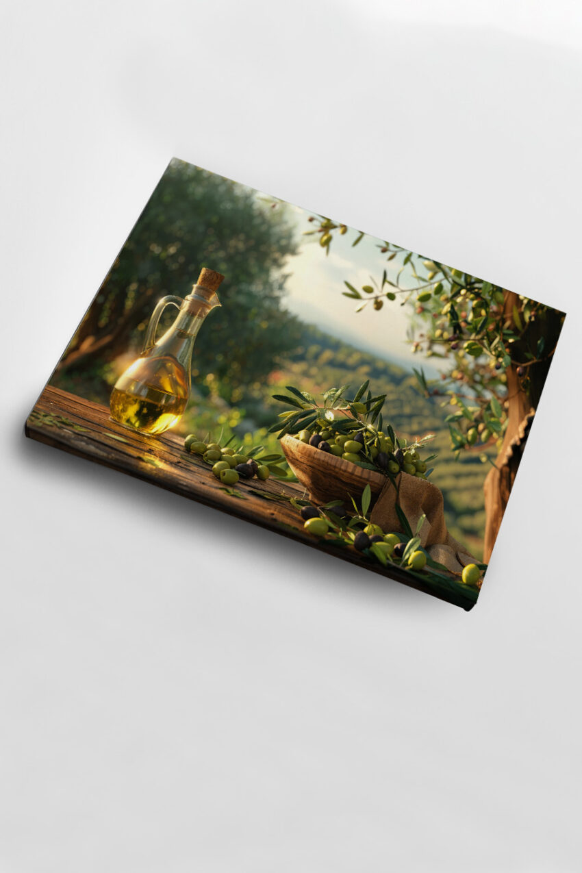 Fotografie Poster Olivenöl Flasche golden warm