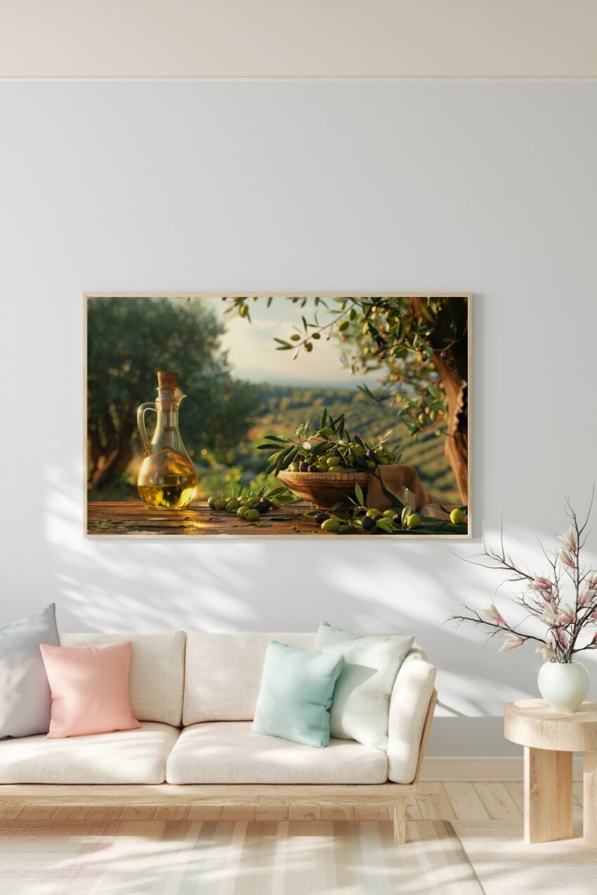 Fotografie Poster Olivenöl Flasche golden warm