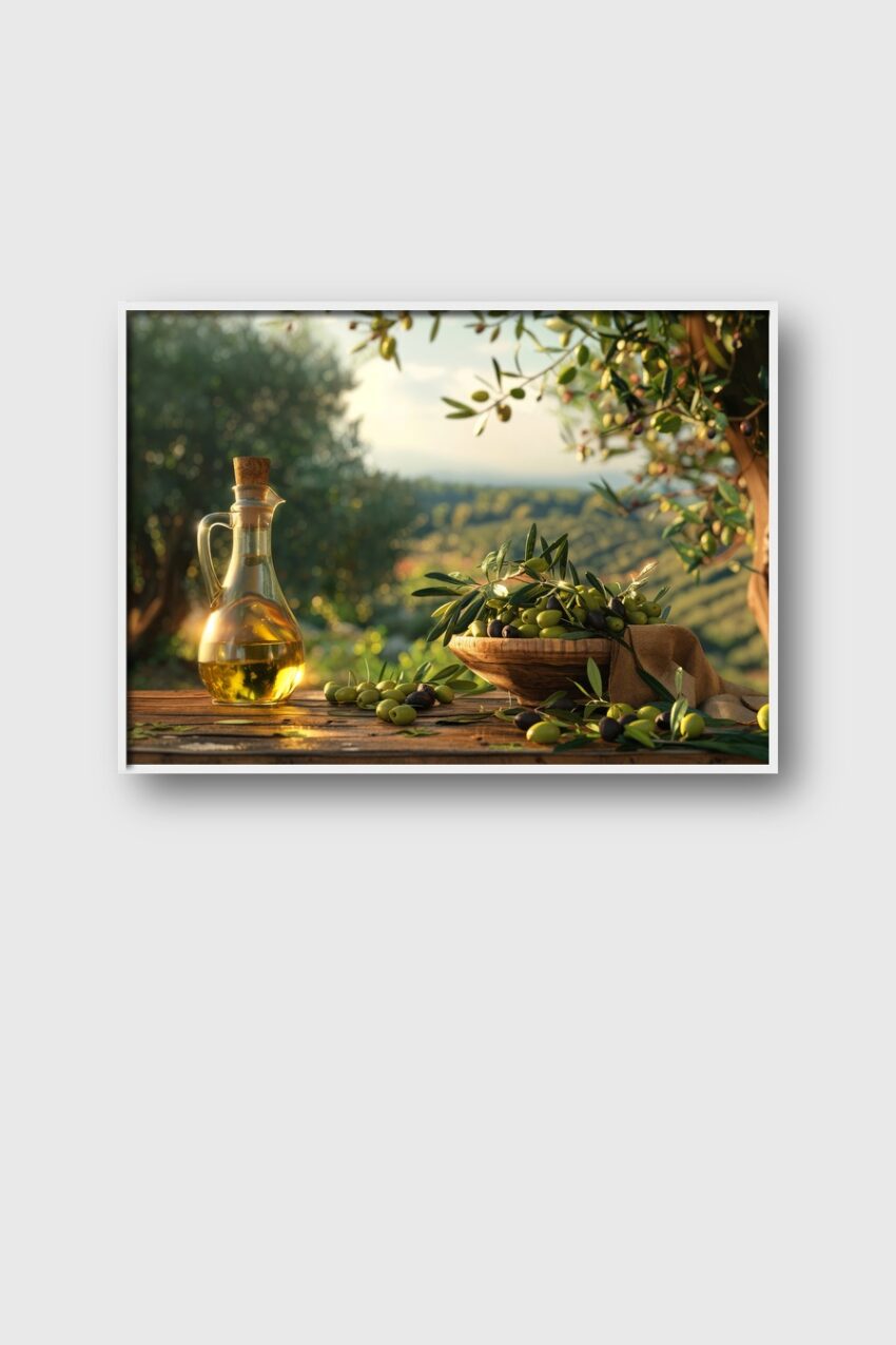 Fotografie Poster Olivenöl Flasche golden warm