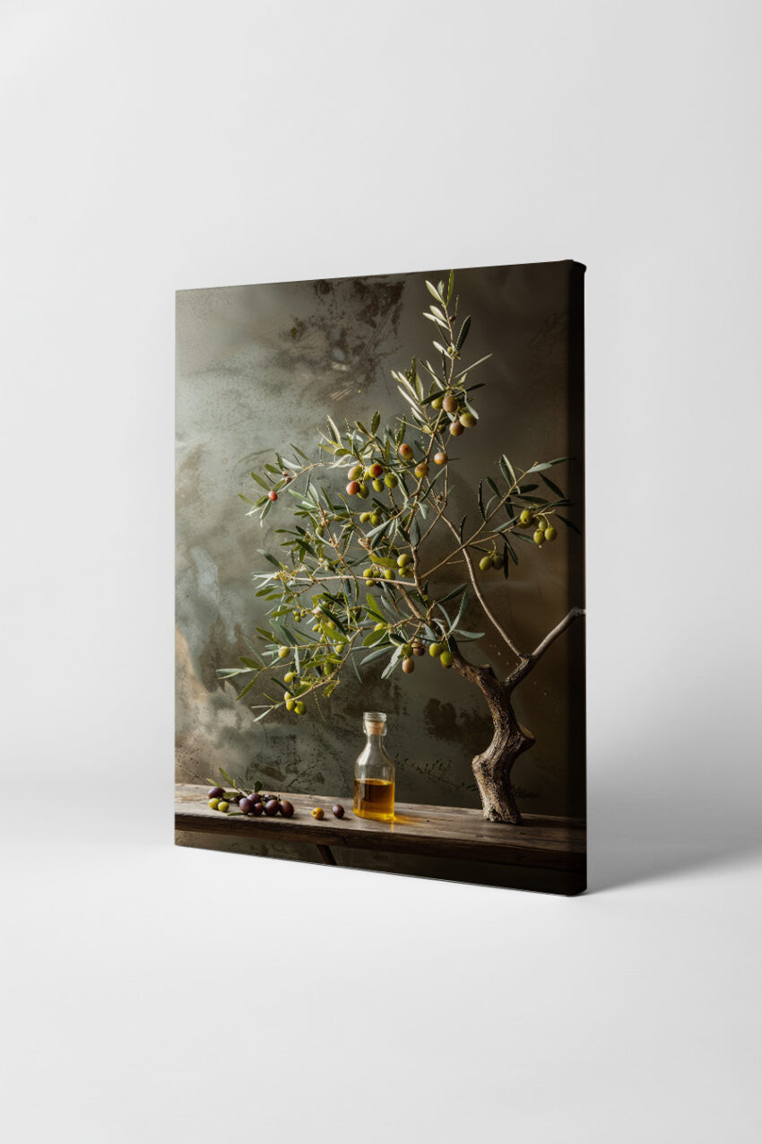 Fotografie Poster Olivenzweig Ölflasche warm natürlich