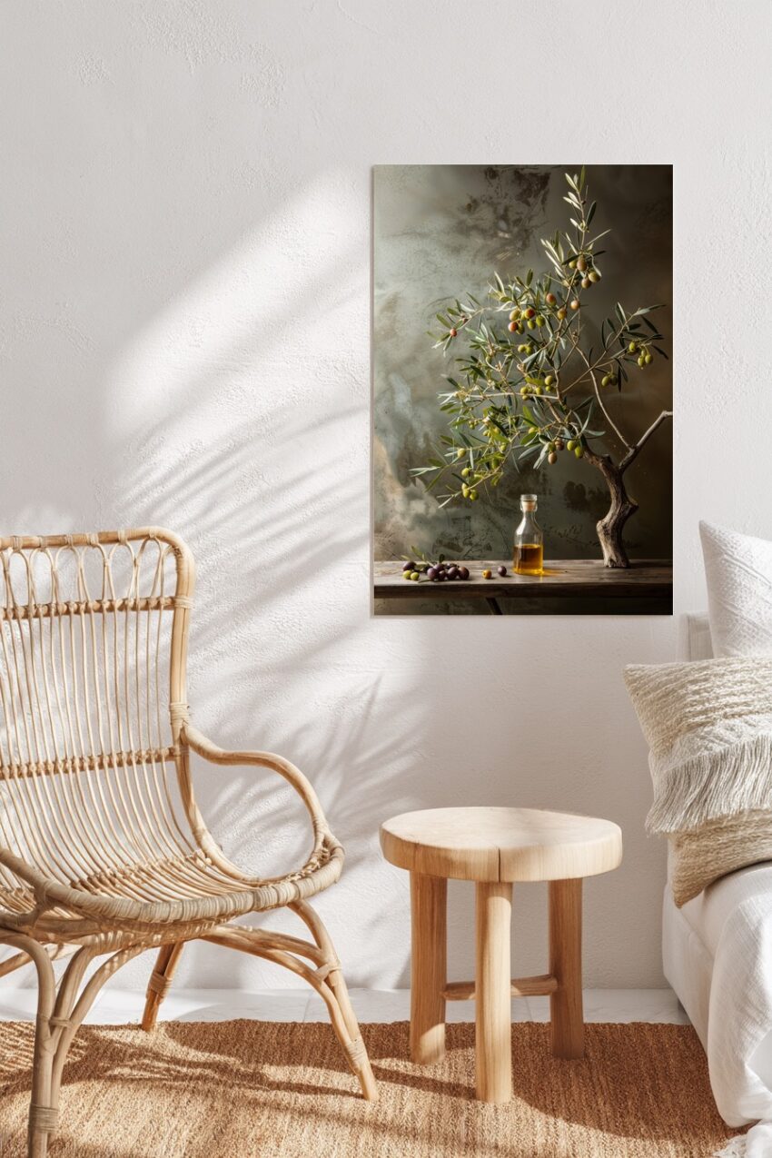 Fotografie Poster Olivenzweig Ölflasche warm natürlich