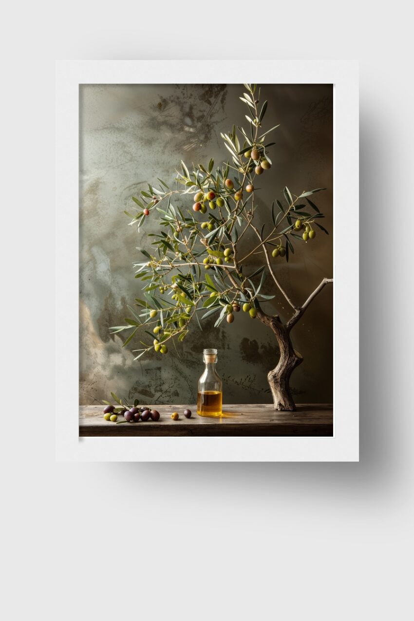Fotografie Poster Olivenzweig Ölflasche warm natürlich