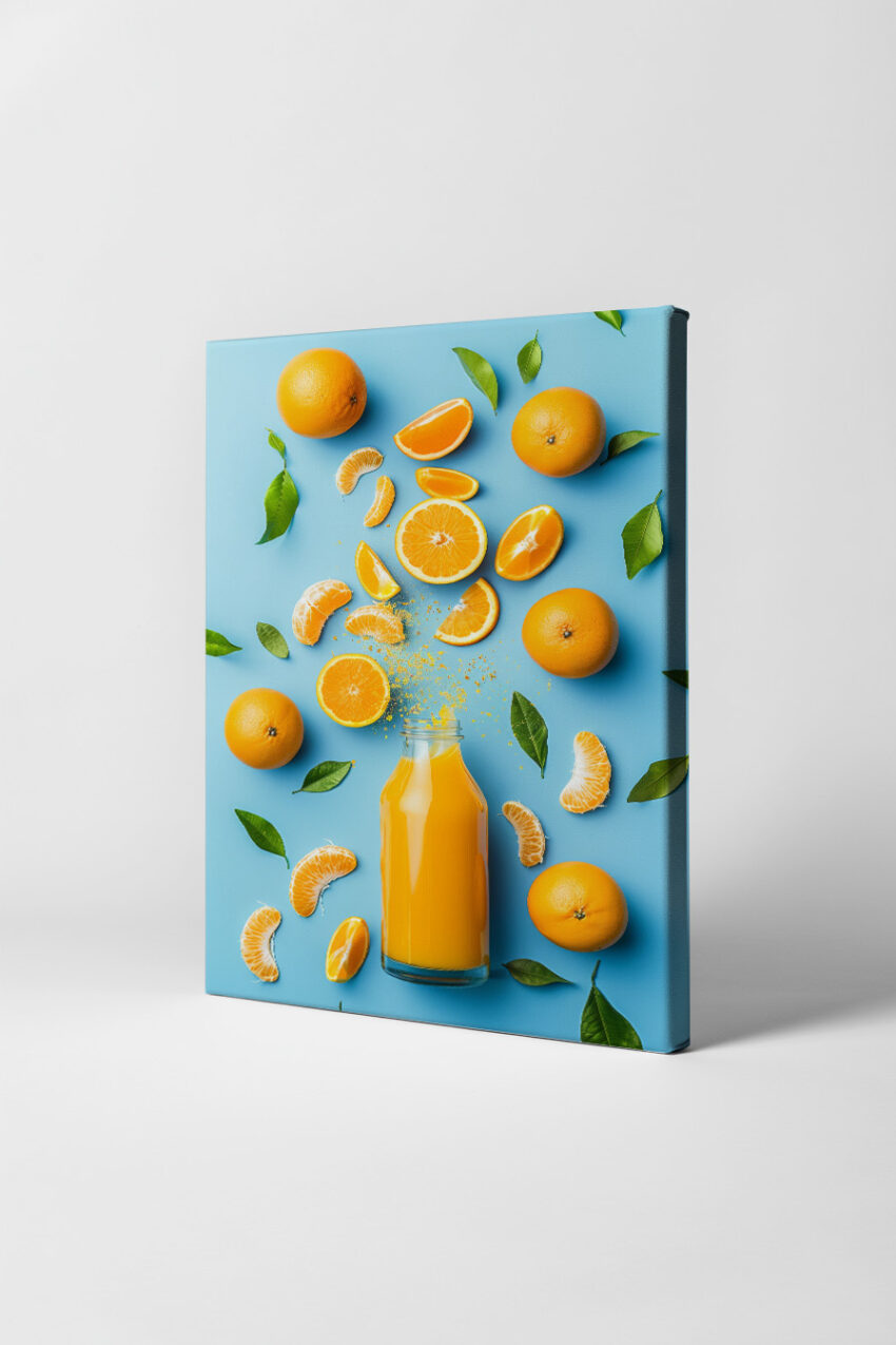 Fotografie Poster Orangen Saft frisch orange blau