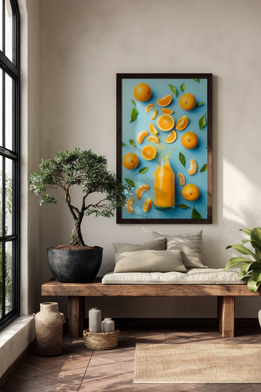 Fotografie Poster Orangen Saft frisch orange blau