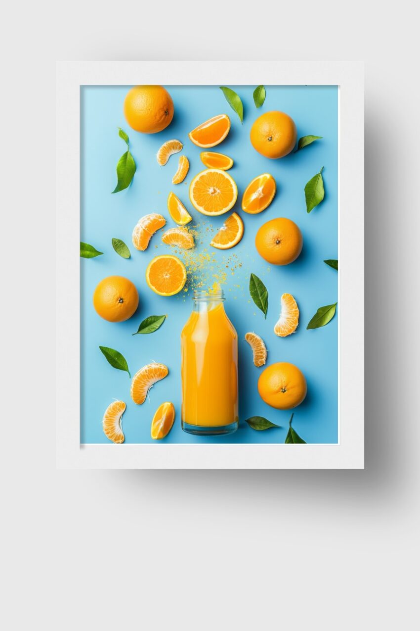 Fotografie Poster Orangen Saft frisch orange blau