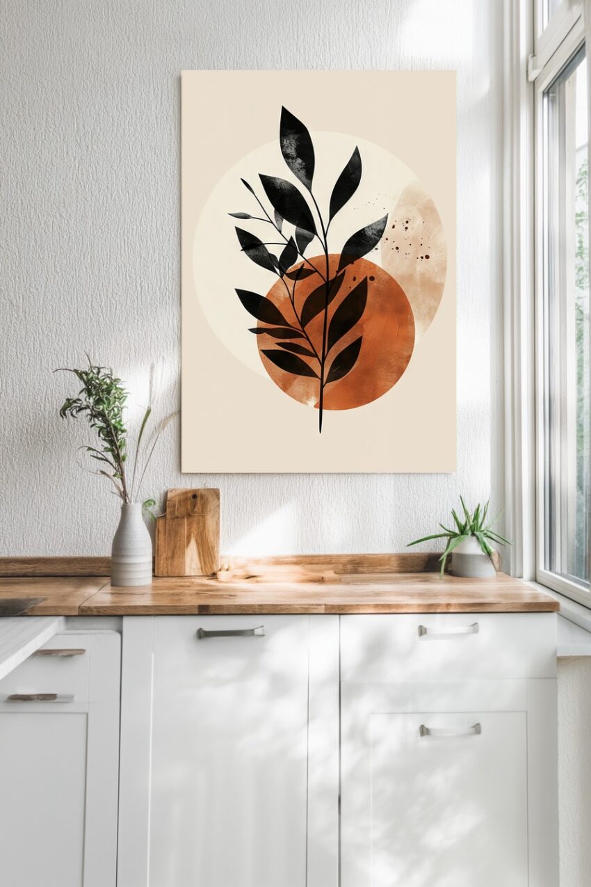 Grafik Poster Blatt Zweig schwarz minimalistisch braun