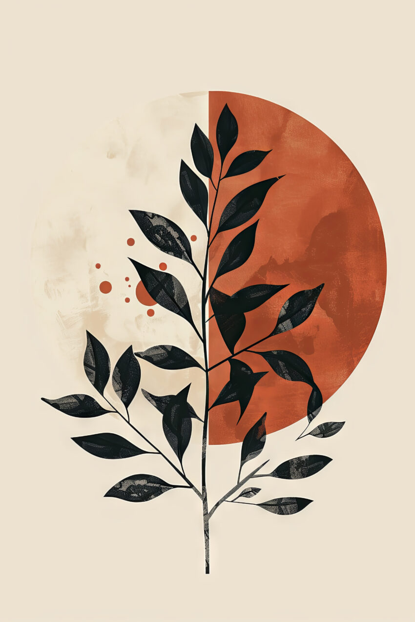 Grafik Poster Zweig Blätter schwarz rot minimalistisch