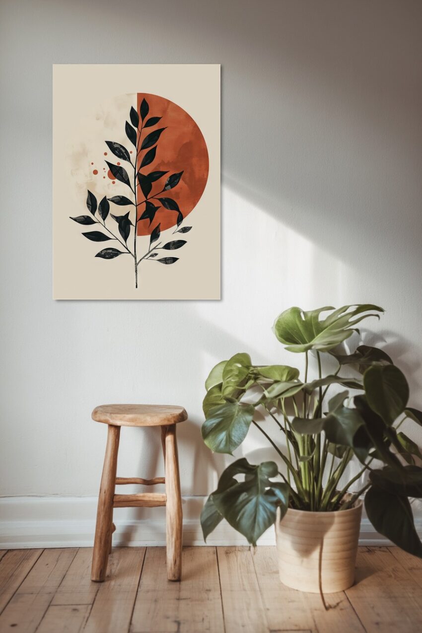 Grafik Poster Zweig Blätter schwarz rot minimalistisch