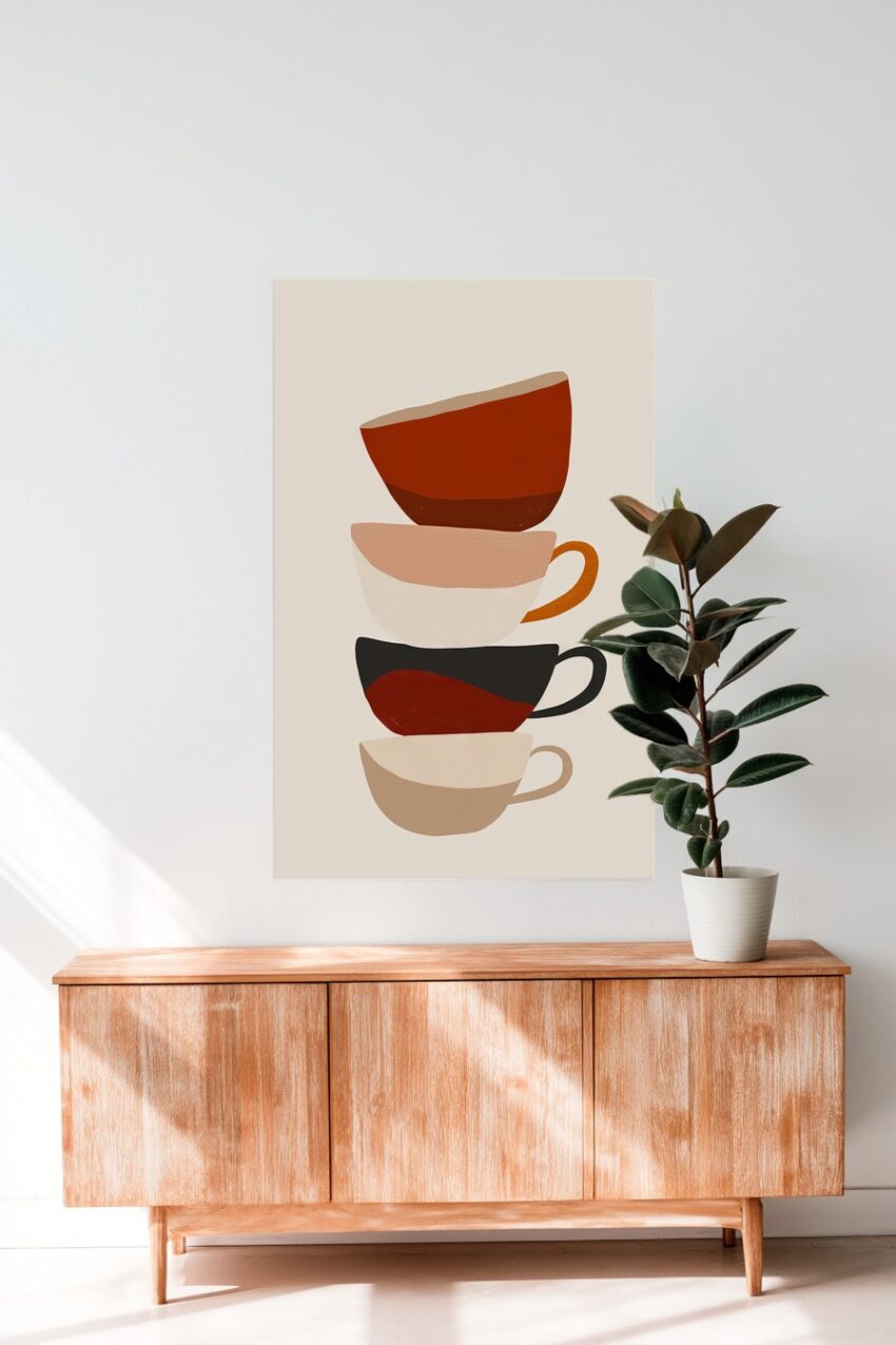 Grafikdesign Poster Tassen Stapel Erdtöne minimalistisch