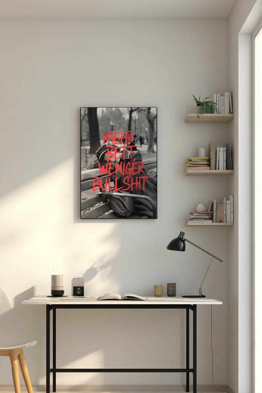 Fotografie Poster Frau Parkbank schwarz-weiß roter Schriftzug