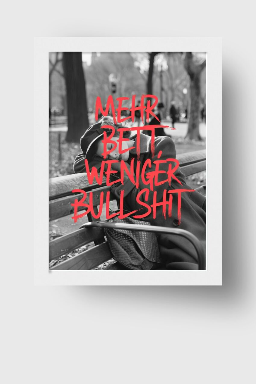 Fotografie Poster Frau Parkbank schwarz-weiß roter Schriftzug