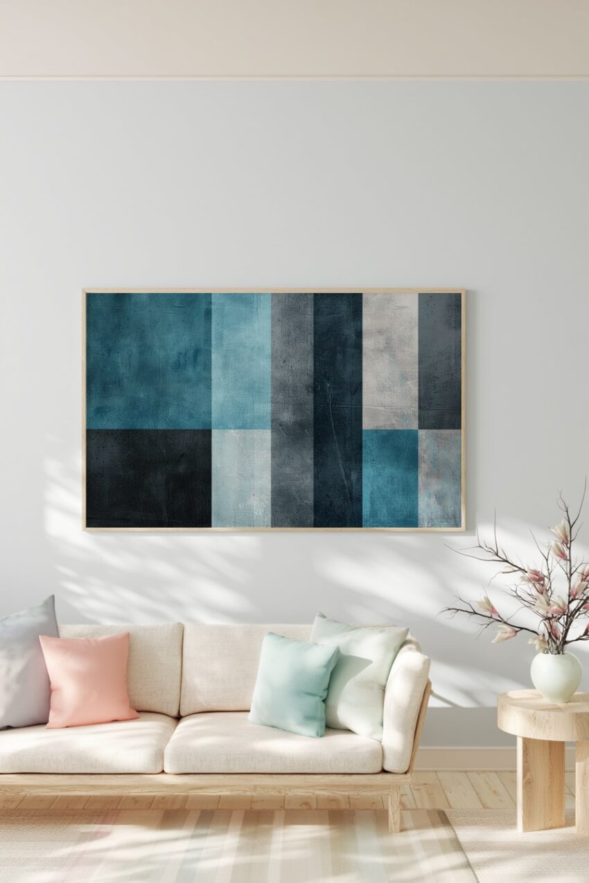 Digitale Kunst Poster Farbstreifen Struktur Blau Grau minimalistisch