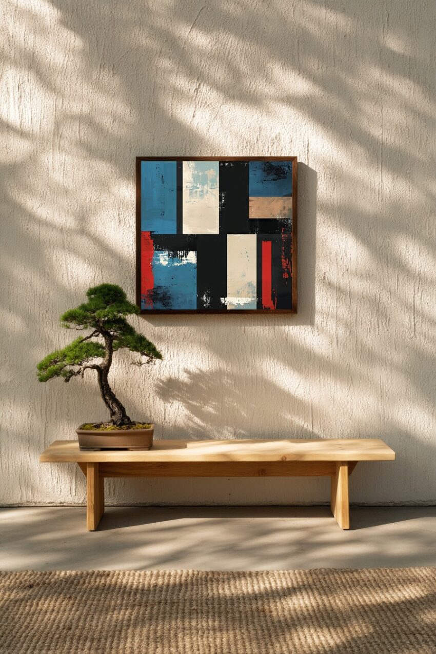 Abstrakt Poster Farbflächen strukturiert Beige Schwarz Blau Rot