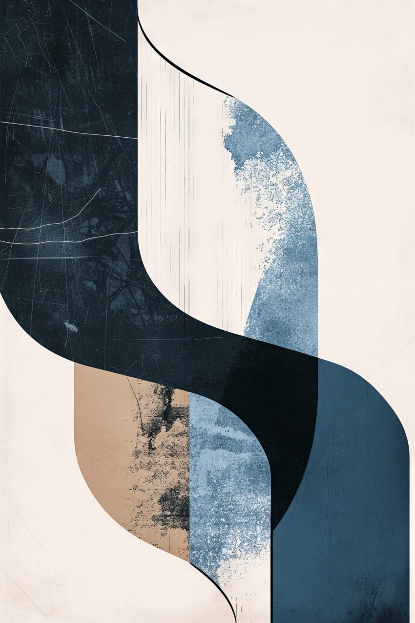 Digitale Kunst Poster geschwungene Linien blau beige kantig