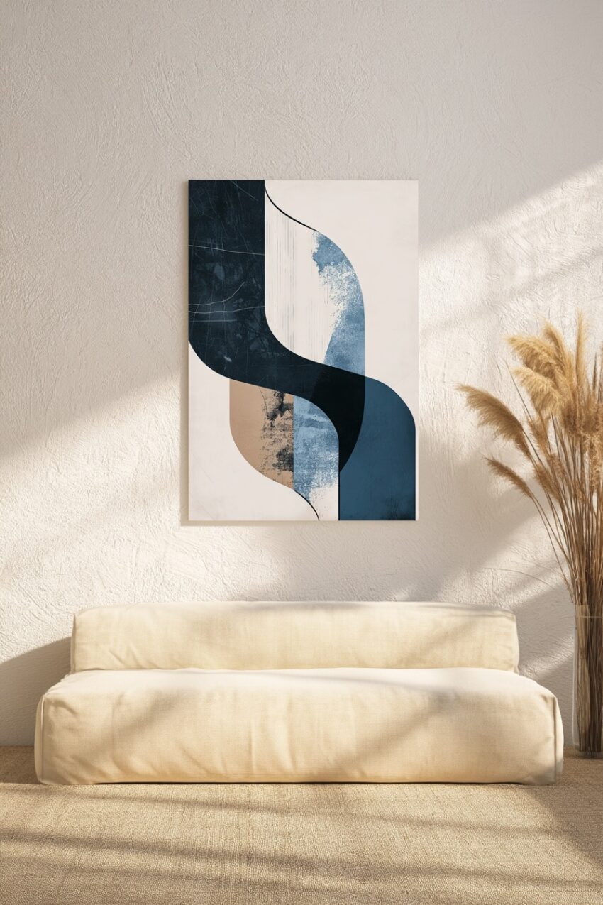 Digitale Kunst Poster geschwungene Linien blau beige kantig
