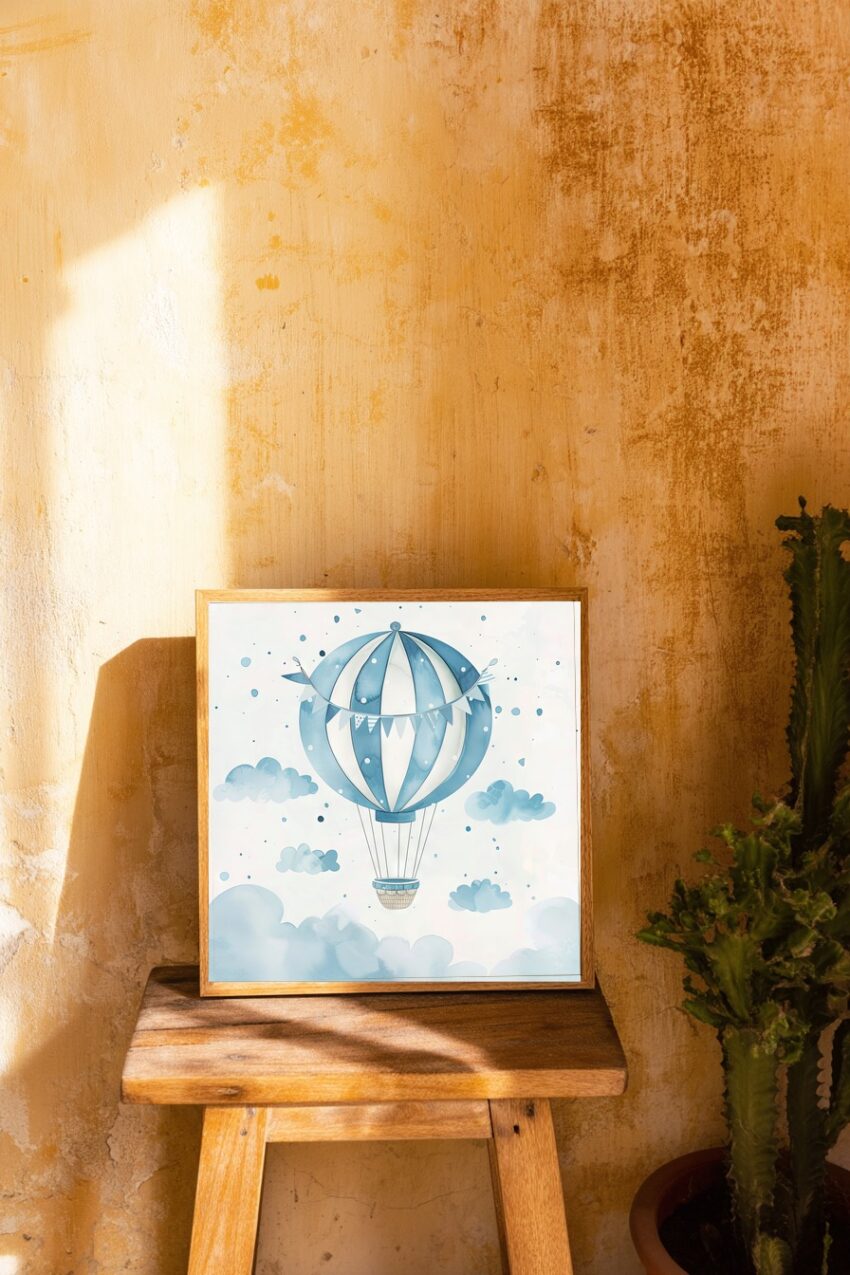 Illustration Poster Ballon blau weiß Luftfahrt