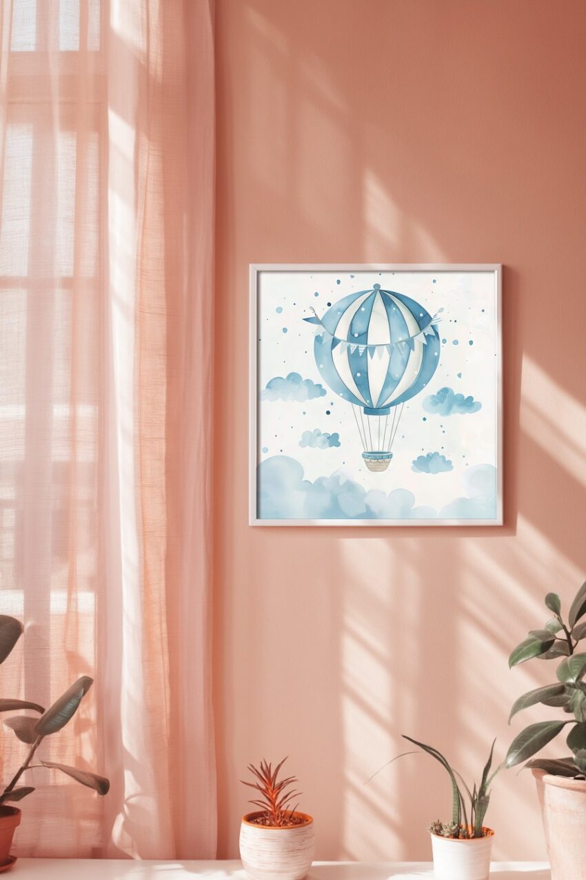 Illustration Poster Ballon blau weiß Luftfahrt