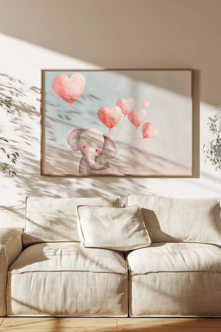 Aquarell Poster Elefant Herzballons pastellrosa zart
