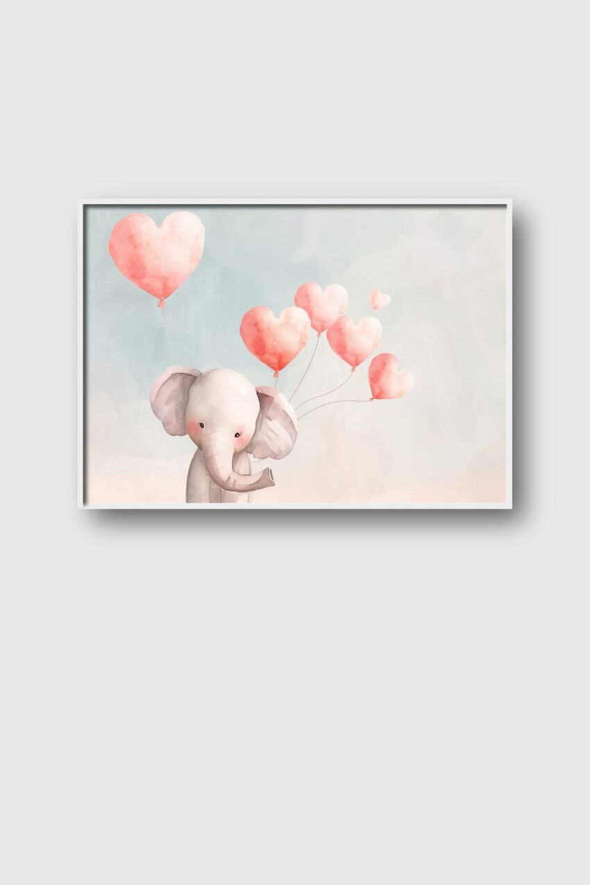 Aquarell Poster Elefant Herzballons pastellrosa zart