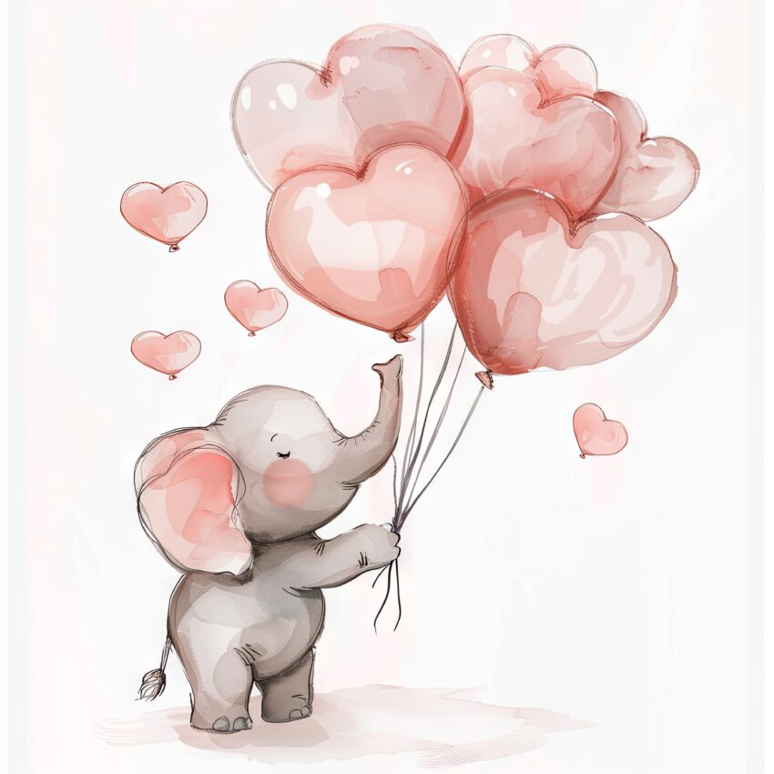Illustration Poster Elefant Herzballons rosa zart