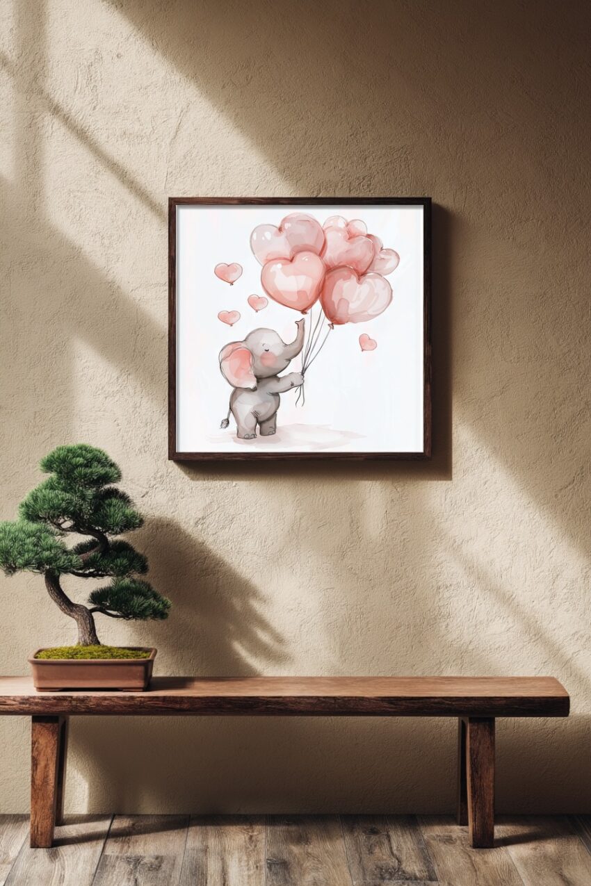Illustration Poster Elefant Herzballons rosa zart