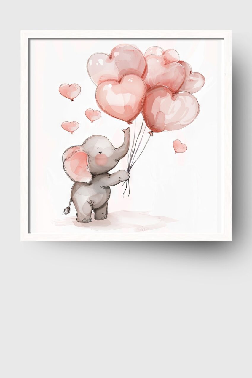 Illustration Poster Elefant Herzballons rosa zart