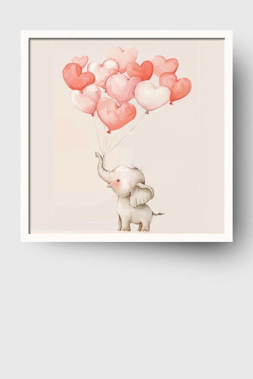 Illustration Poster Elefant Herzluftballons rot rosa