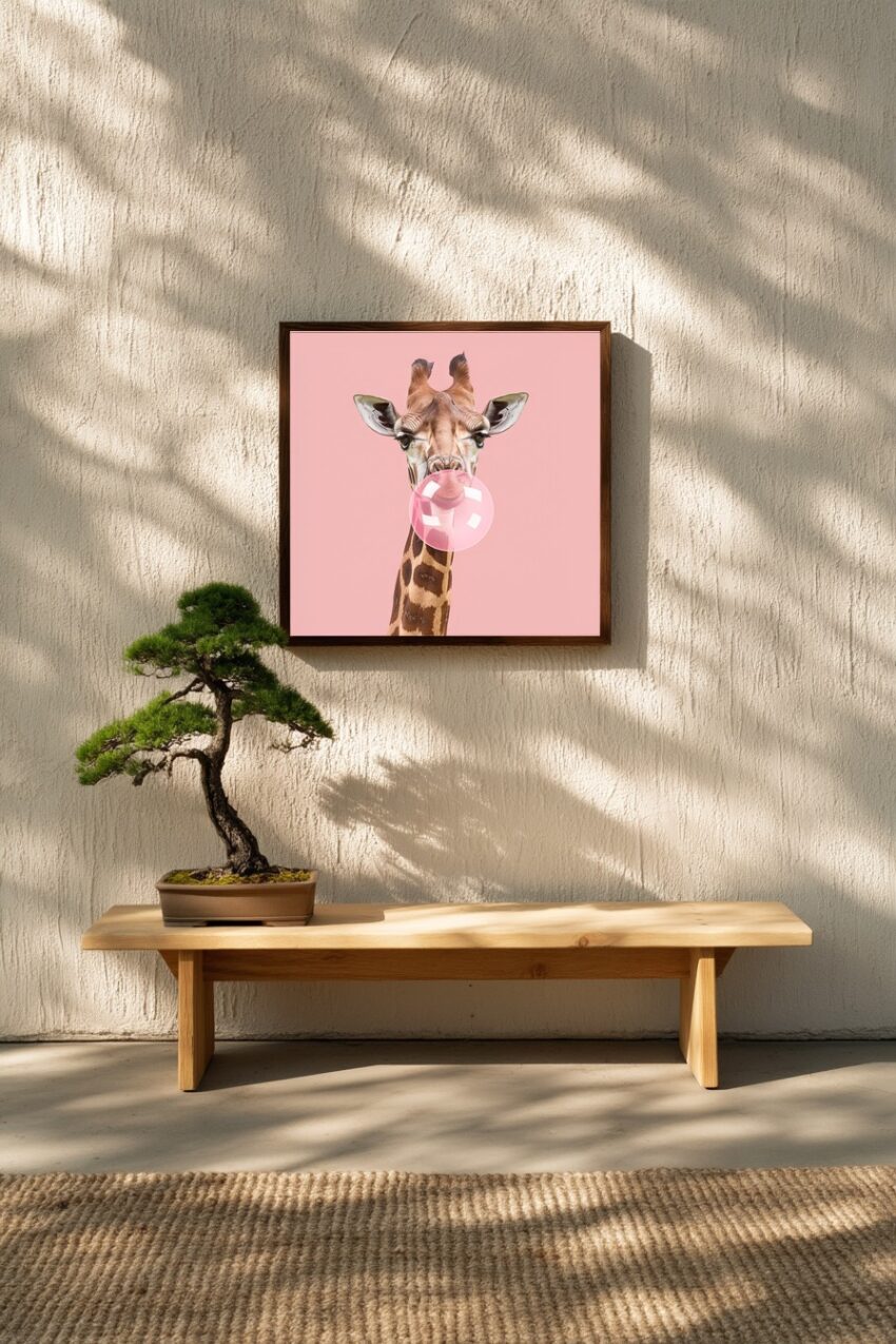 Fotografie Poster Giraffe mit Kaugummi rosa
