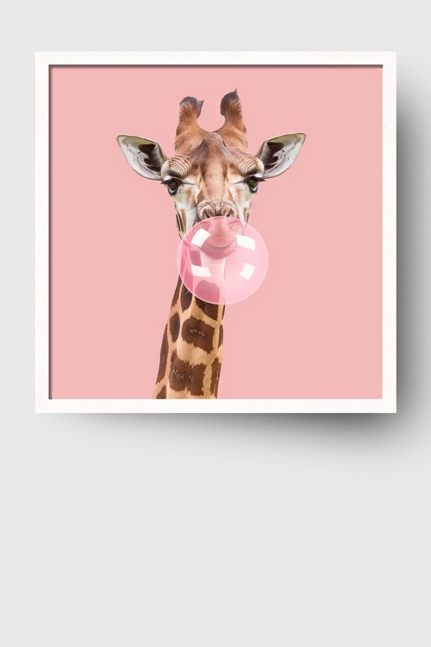 Fotografie Poster Giraffe mit Kaugummi rosa