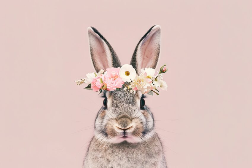 Fotografie Poster Kaninchen Blumenkranz pastel rosa