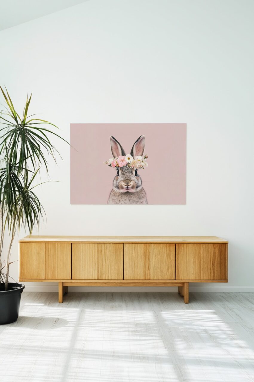 Fotografie Poster Kaninchen Blumenkranz pastel rosa