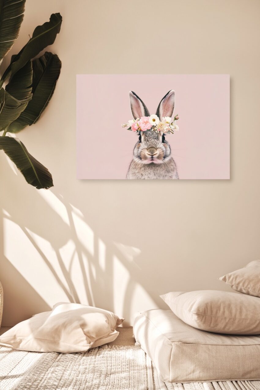 Fotografie Poster Kaninchen Blumenkranz pastel rosa