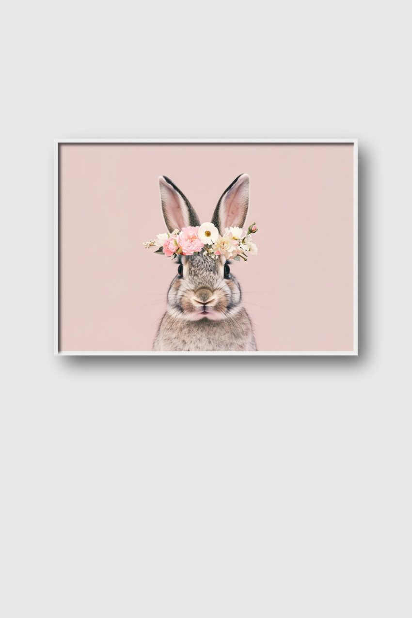 Fotografie Poster Kaninchen Blumenkranz pastel rosa