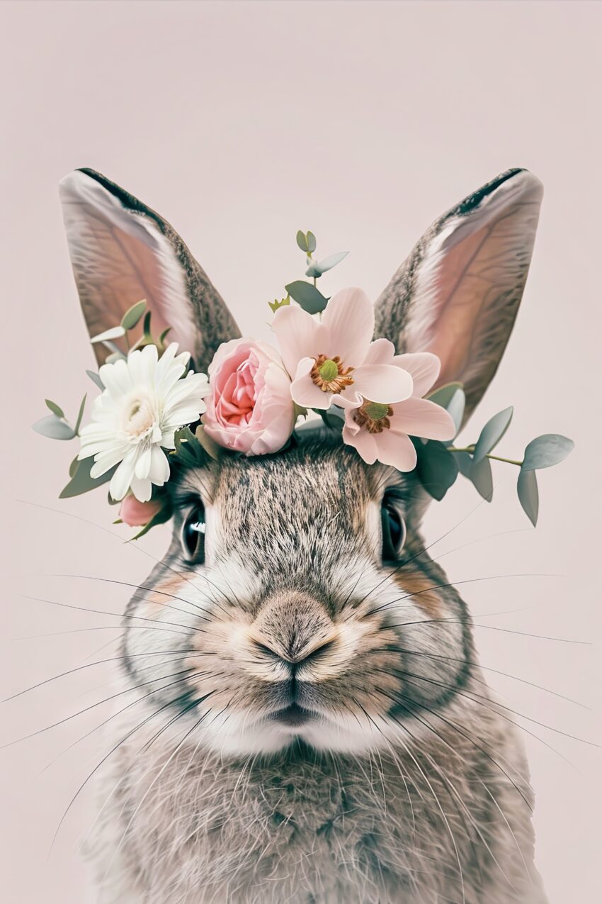 Fotografie Poster Kaninchen Blumenkranz zart pastellfarben