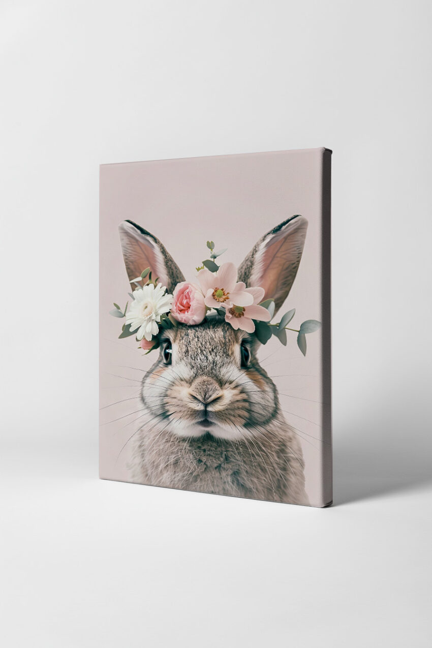 Fotografie Poster Kaninchen Blumenkranz zart pastellfarben