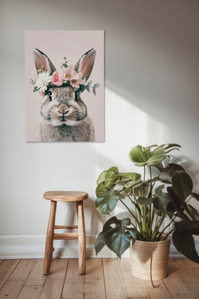 Fotografie Poster Kaninchen Blumenkranz zart pastellfarben