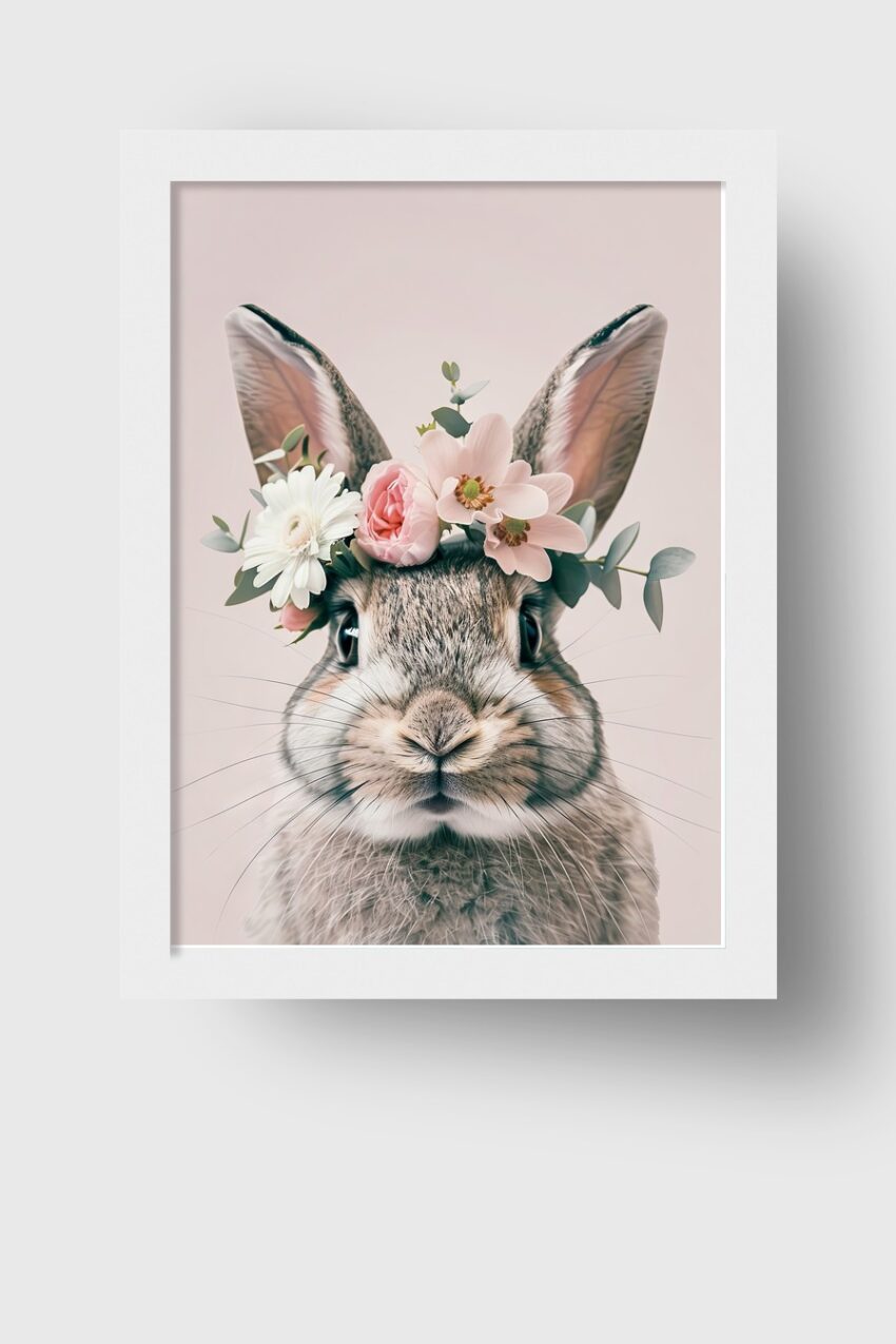 Fotografie Poster Kaninchen Blumenkranz zart pastellfarben