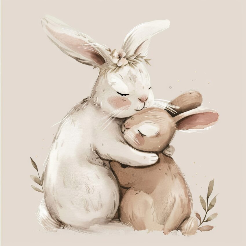Illustration Poster Hasen Umarmung zart naturfarben