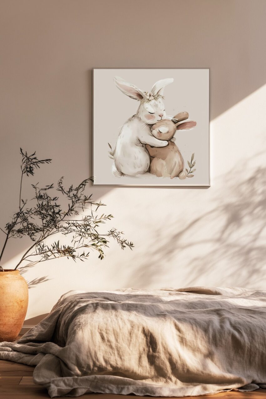 Illustration Poster Hasen Umarmung zart naturfarben