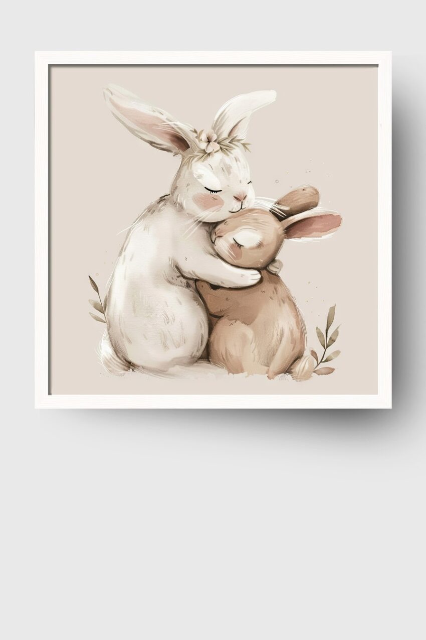 Illustration Poster Hasen Umarmung zart naturfarben