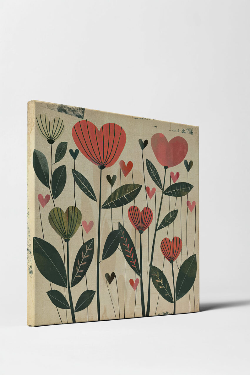 Illustration Poster Herzblumen retro rot grün