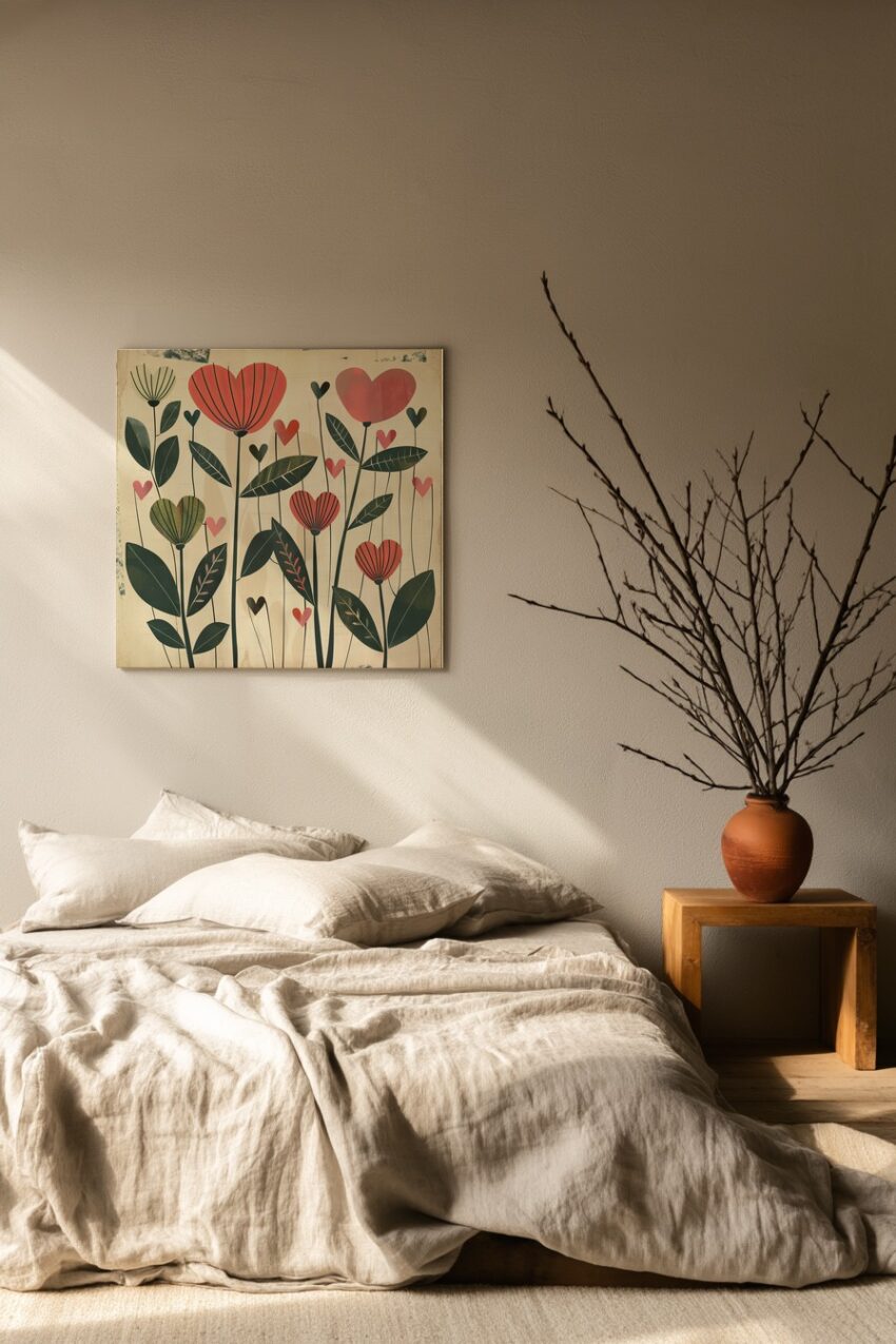 Illustration Poster Herzblumen retro rot grün