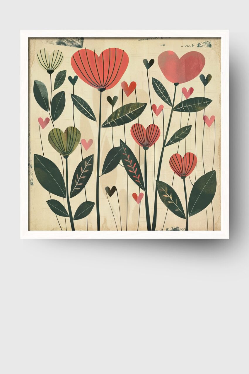 Illustration Poster Herzblumen retro rot grün