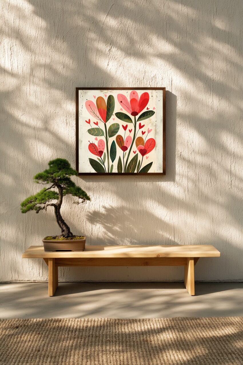 Illustration Poster Herzblüte bunt rot grün botanisch