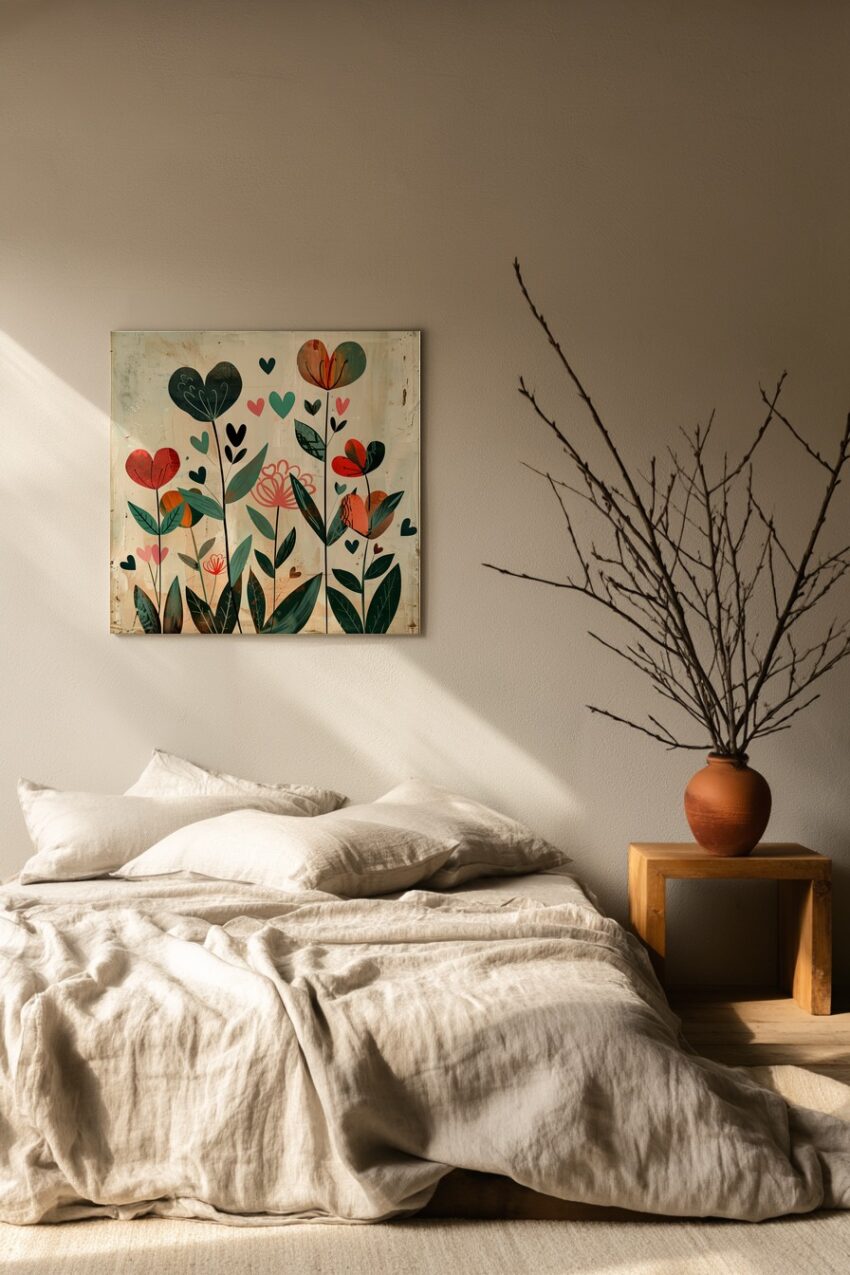 Illustration Poster Herzblumen bunt rot grün