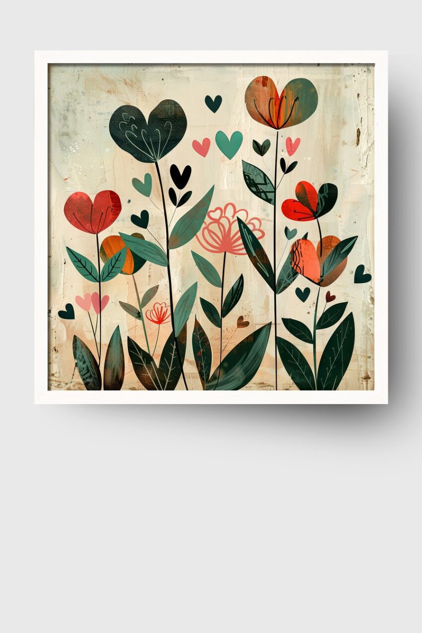 Illustration Poster Herzblumen bunt rot grün