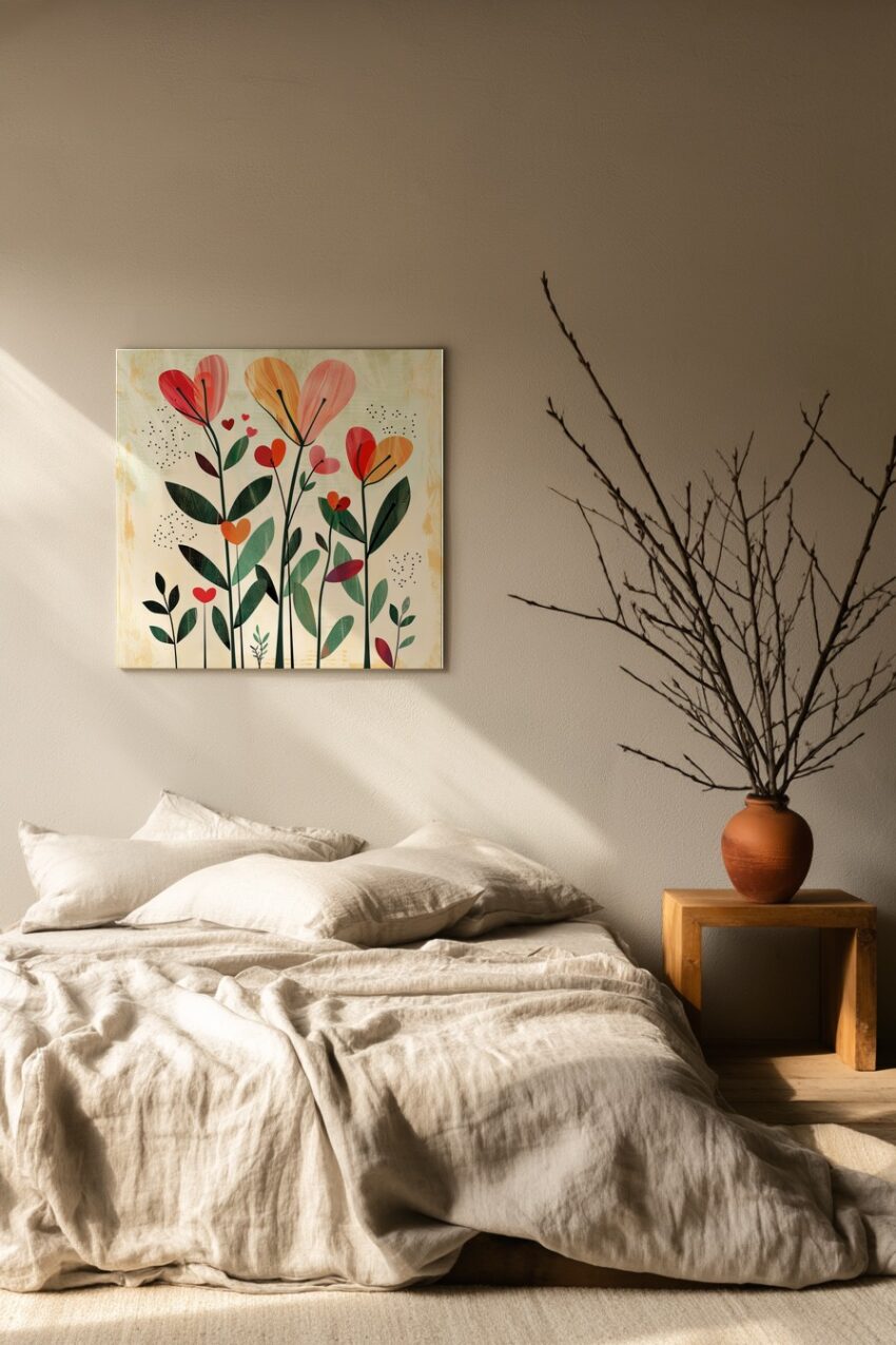 Grafik Poster Herzblumenwiese rot orange grün kantig