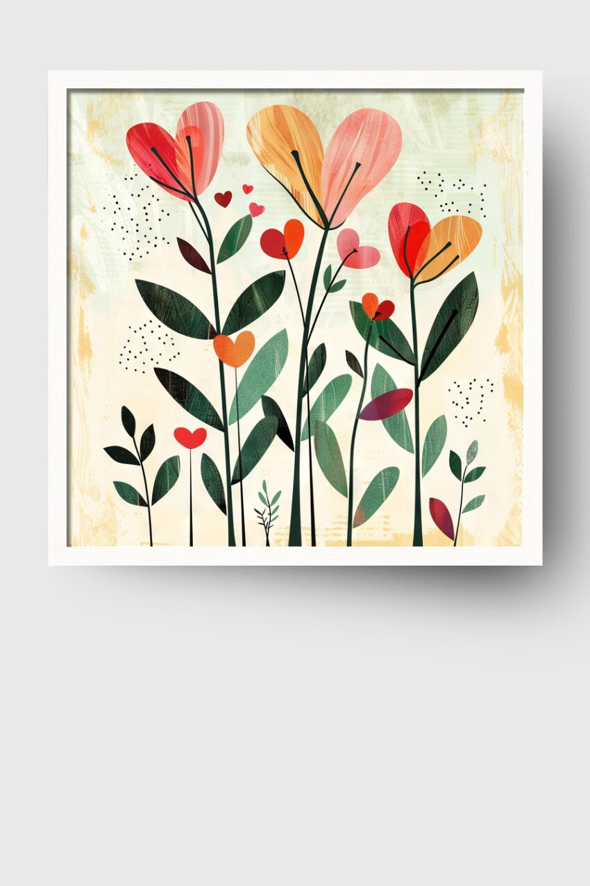 Grafik Poster Herzblumenwiese rot orange grün kantig