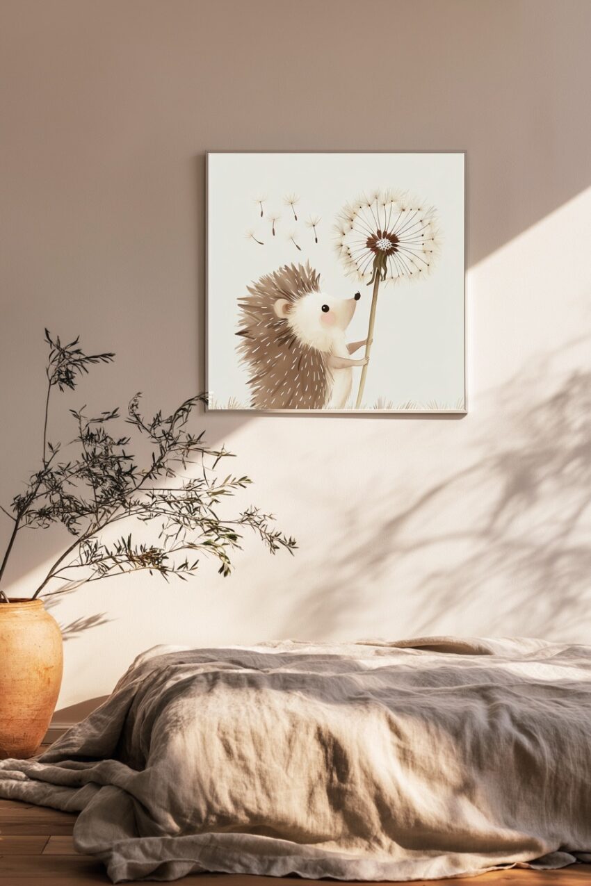 Illustration Poster Igel mit Pusteblume beige braun